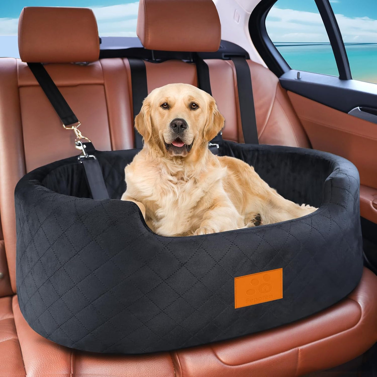 Dog Car Seat for Medium Dogs Up to 50 lbs, Pet Booster Seat for Cars SUVs and Trucks, Travel Dog Bed with Safety Strap, Thick Cushion, Non-Slip Base, Washable and Portable (Black)