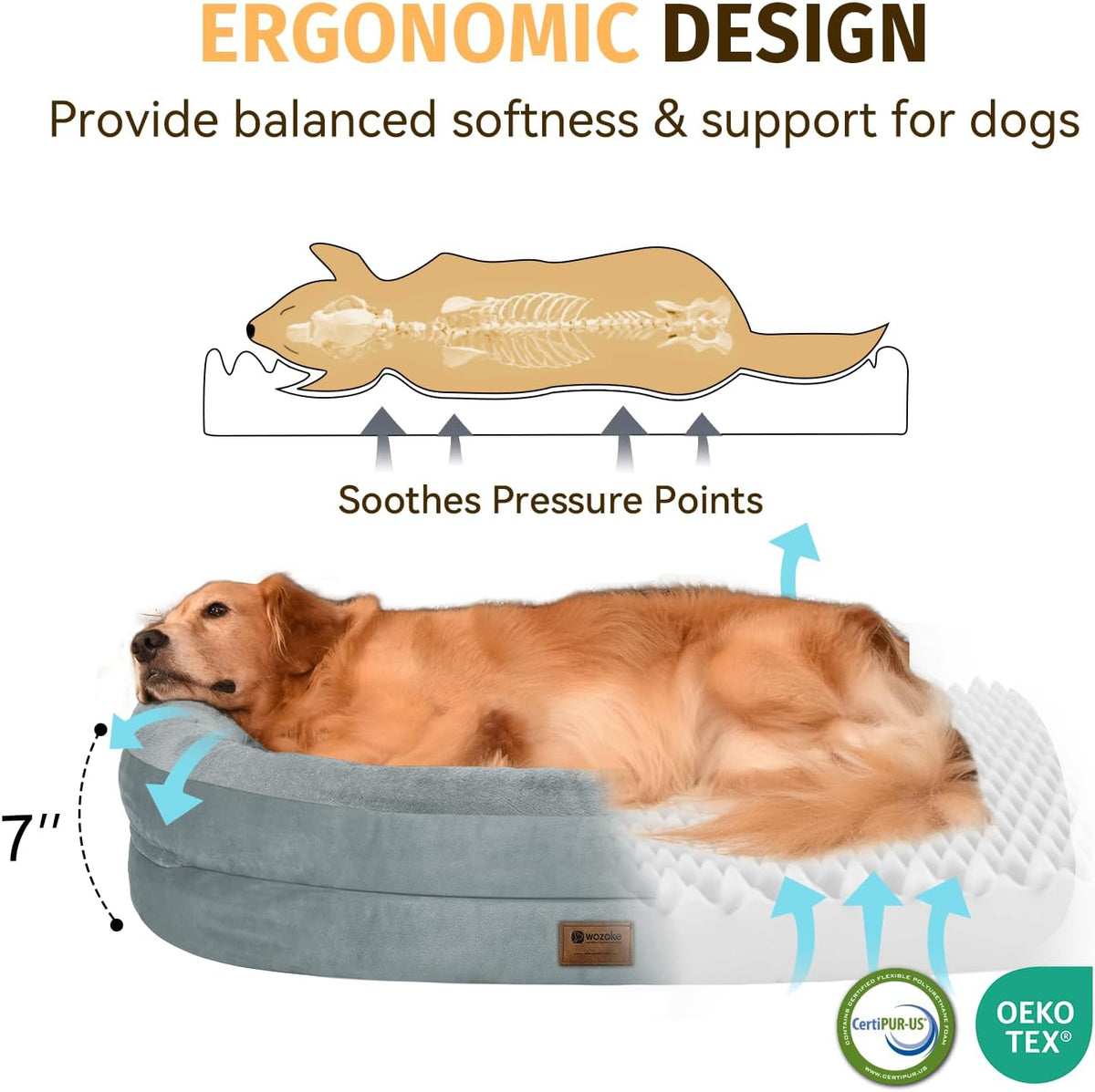 Orthopedic Waterproof Large Dog Bed: Memory Foam Washable Dog Bed with Bolsters - Removable Orthopedic Cover for Medium L XL Large Sized Pet - Non-Slip Bottom - Grey