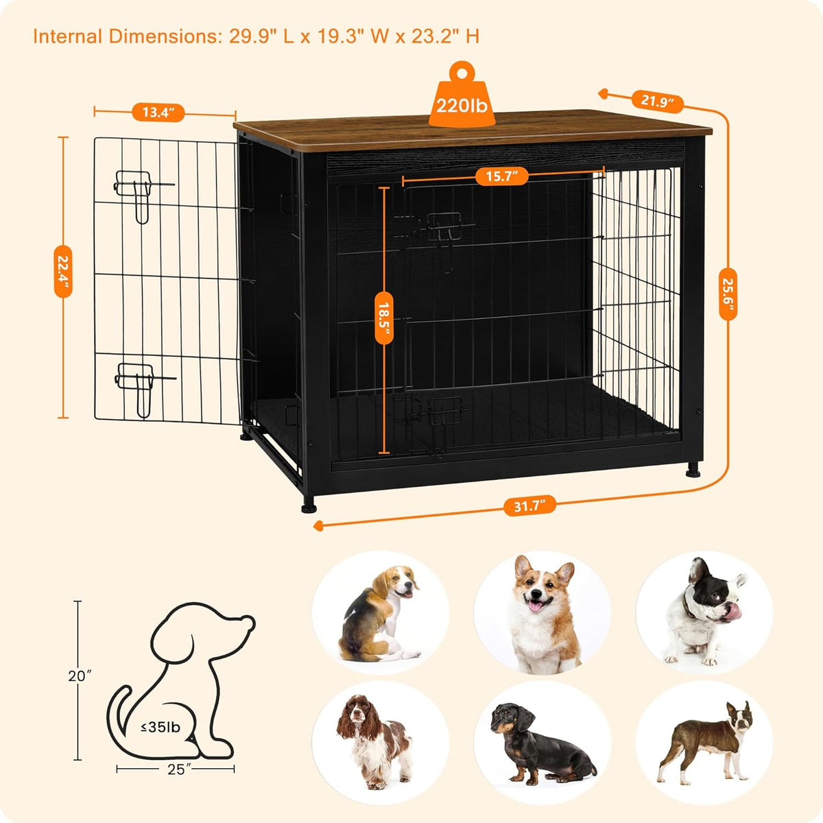 DWANTON Dog Crate Furniture with Cushion, Wooden Kennel Table with Double Doors, Indoor Dog House, Medium Size, 32.5" L, Black+Warm Brown