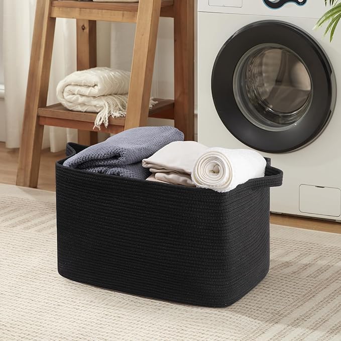 95L Extra Large Blanket Basket, 24" x 16.9" x 14.2" Woven Storage Basket for Living Room, Rectangle Nursery Blanket Storage for Toys, Towels, Dirty Clothes (Black)