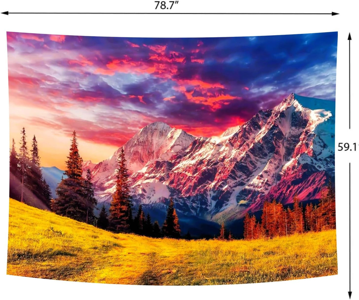 Delur Mountain Tapestry Sunset Forest Tree Nature Tapestry Wall Hanging Sunrise Psychedelic Scenic Landscape Headboard for Bedroom Living Room Home Decor (59.1" x 78.7")