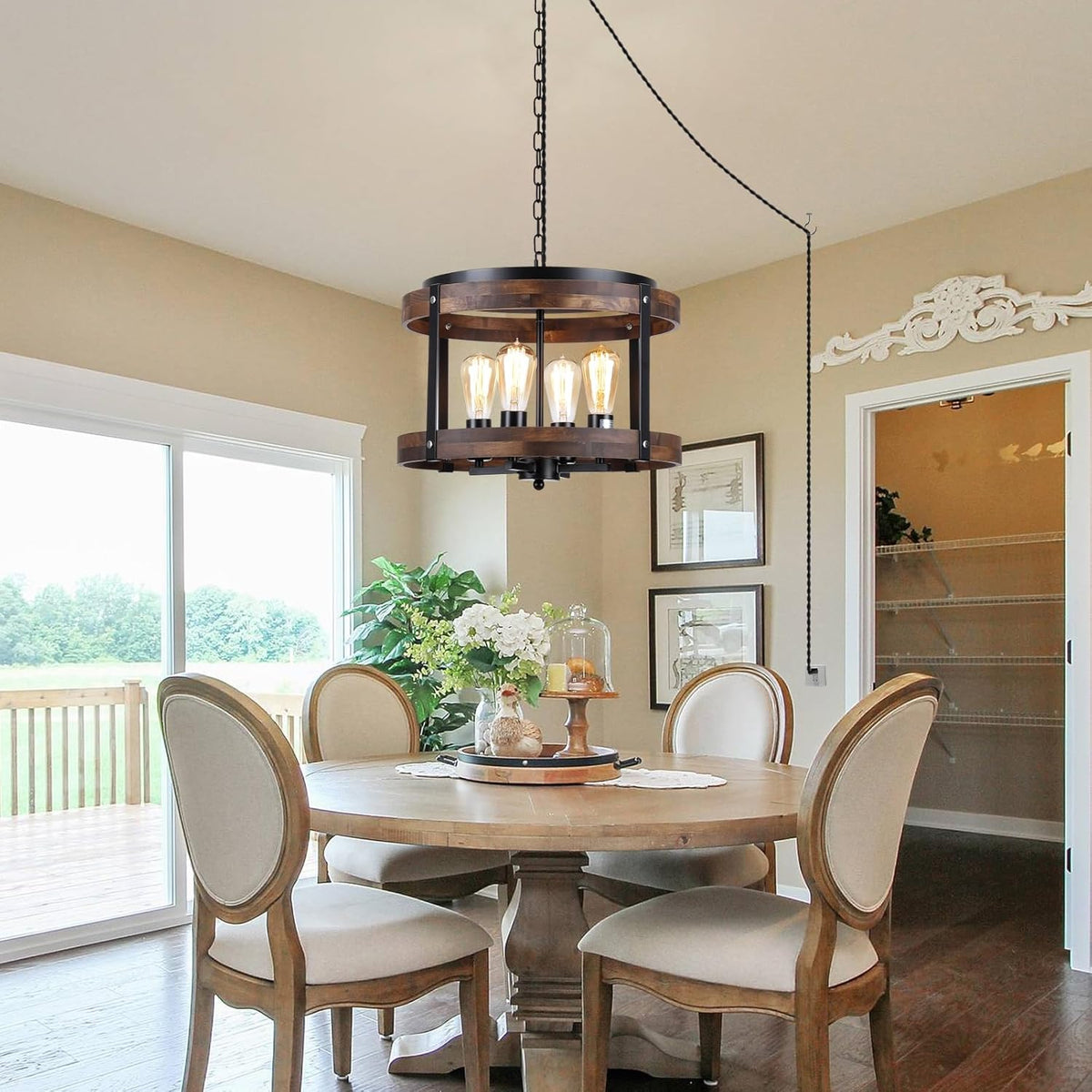 4-Light Large Rustic Farmhouse Plug in Pendant Light Fixture with Adjustable Chain, Dimmable Switch, 16.5 inch Oak Wood Drum Hanging Lamp for Dining Room Living Room Farmhouse Entry, Black