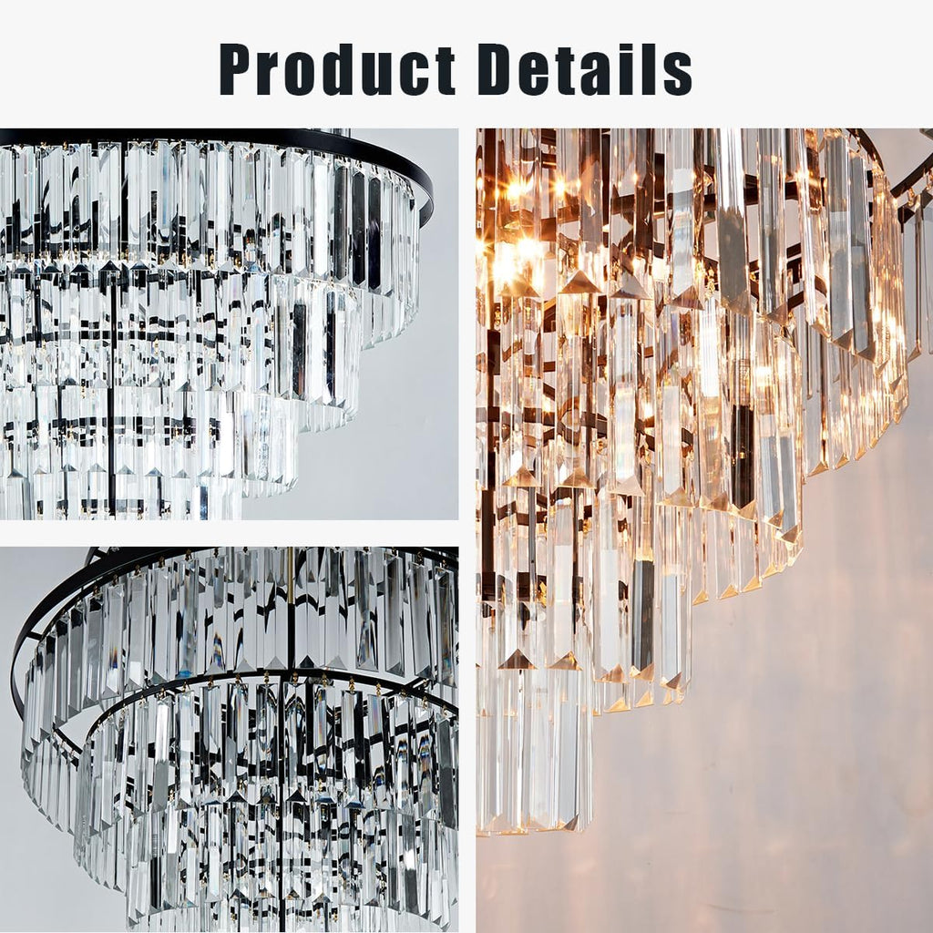 Luxury 6-Tier Round K9 Crystal Chandelier, Black Finish 26 Inch Diam Ceiling Light, Classic Elegant Chandelier with Crystal Piece, Lighting Fixture for Hallway, Bedroom, Living Room