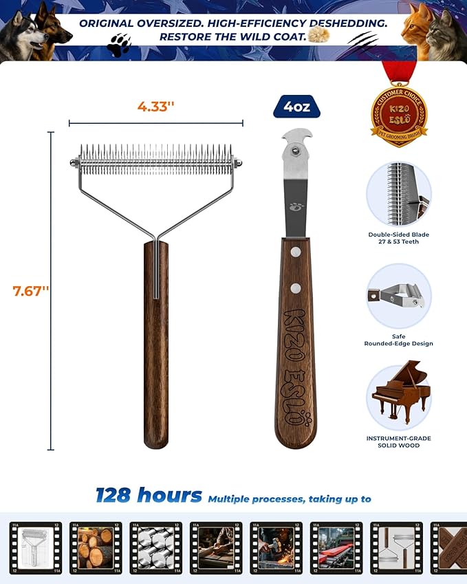 Extra Large 2-Sided Dog Brush For Shedding Undercoat Rake for Dogs & Cats, Remove Mats, Dematting Comb,Gentle Grooming Brush for German Shepherds Medium to Long-Haired Pets(Premium Walnut Handle)