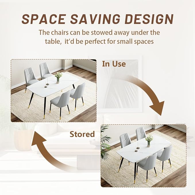 White Dining Table Set for 4, 62'' Dining Table Set for 4, Sintered Stone Dining Room Sets for 4, Easy to Assemble