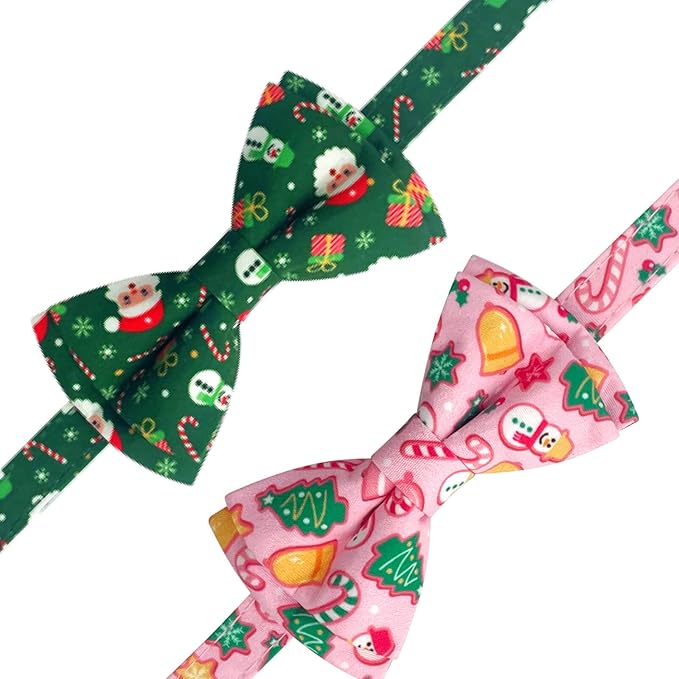 2 Pack Cotton Cat Collar with Bow Tie and Bell for Girl Boy Cats,Cute Green Santa Claus and Pink Snowman Pattern Christmas Breakaway Cat Collar for Male Female Cats (Santa Claus & Snowman)