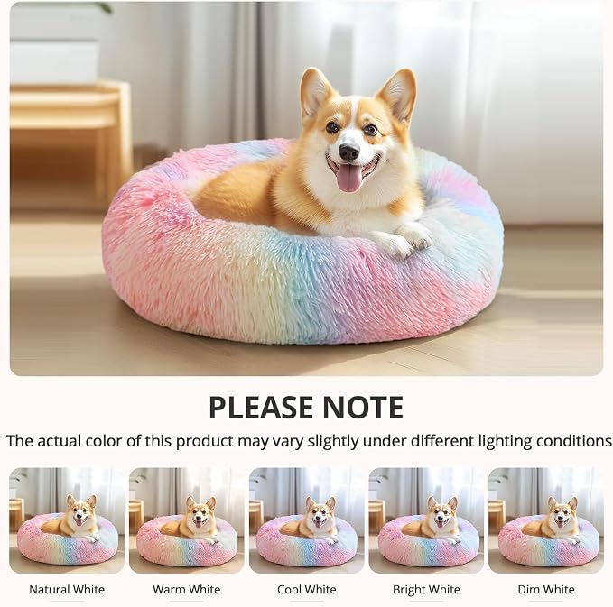 JOLLYVOGUE Calming Dog Bed for Small Dogs - 23 inches Donut Washable Small Dog Bed for Kittens & Puppies, Anti-Slip Round Fluffy Plush Faux Fur Cat Beds (Fits up to 25 lbs Pets, Rainbow)