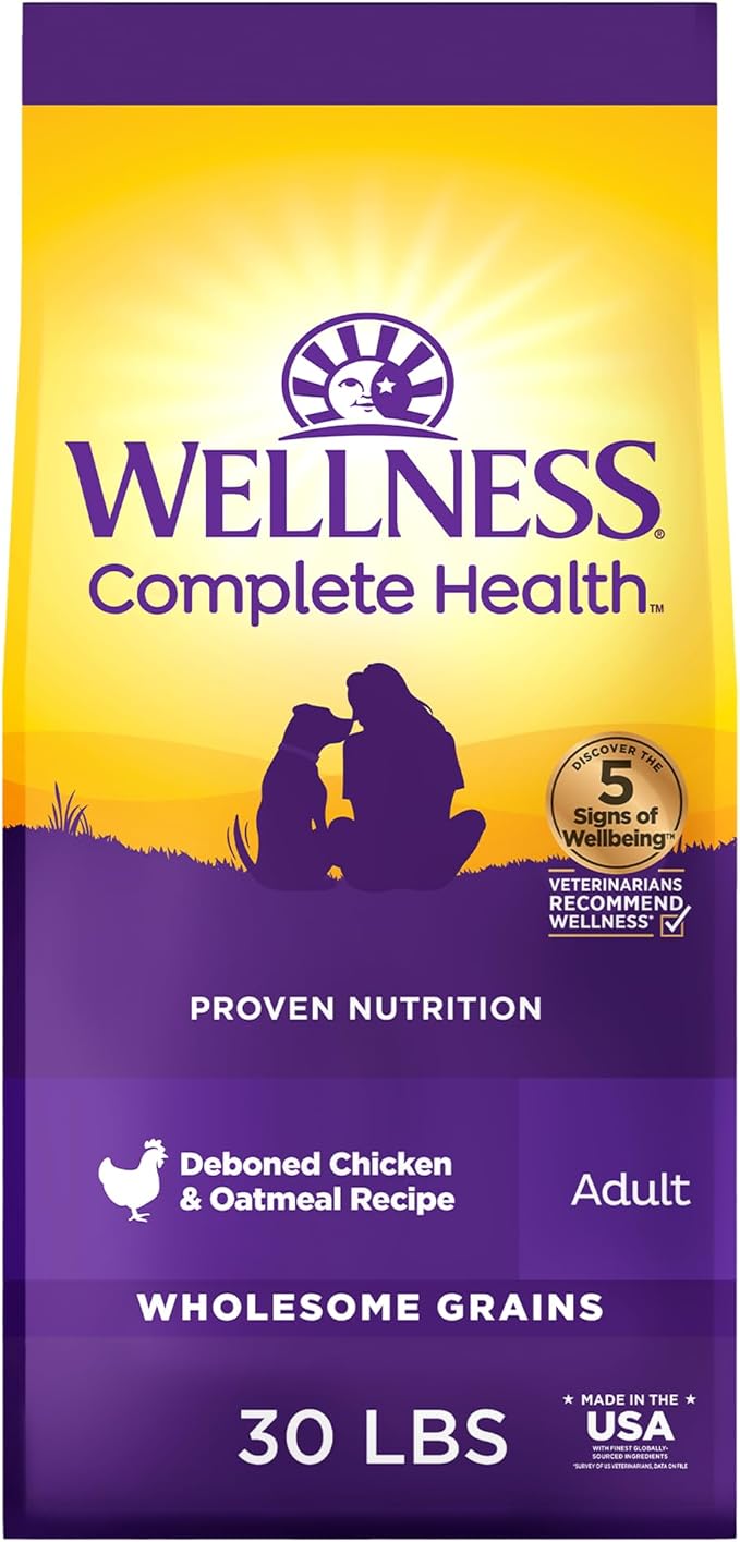 Wellness Complete Health Dry Dog Food with Grains, Made in USA with Real Meat & Natural Ingredients, All Breeds, Adult Dogs (Chicken & Oatmeal, 30-lb) – With Nutrients for Immune, Skin, & Coat Support
