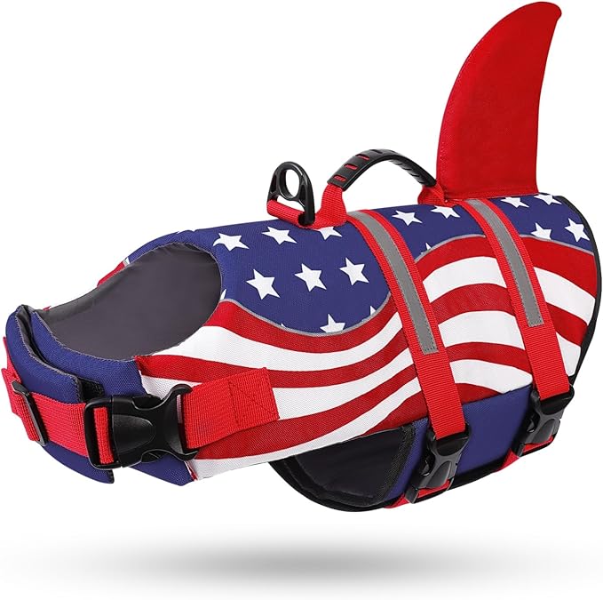 Shark Dog Life Vest for Swimming, Pet Life Vests for Boating, High Buoyant DogLife Jacket, Ripstop High Flotation Swimsui for Small, Medium, Large Dogs (USA Flag,S)