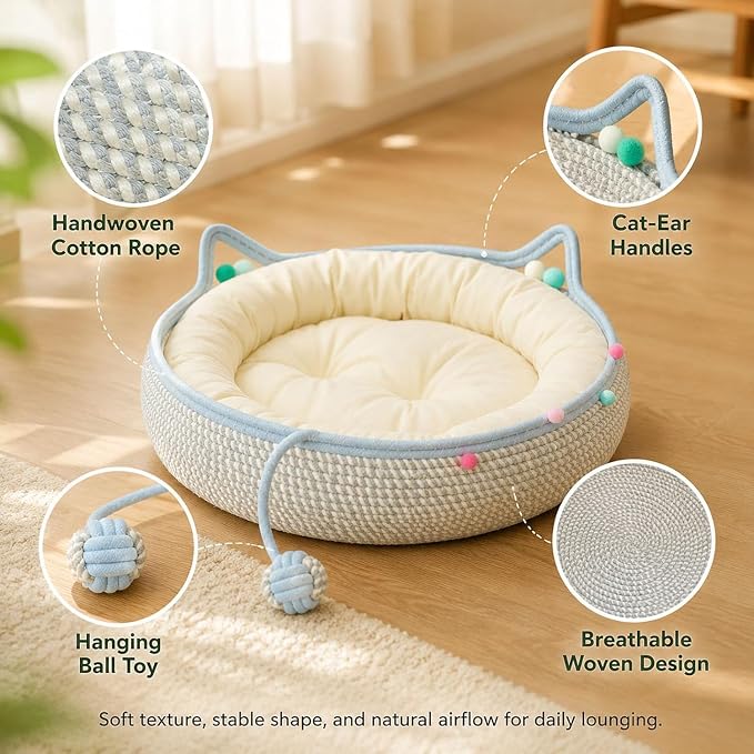 Handwoven Cotton Rope Cat Basket Bed with Hanging Ball Toy (Blue, Small) | cat bed, woven cat basket, kitten bed, small dog bed, cat toy ball, all season pet bed, washable cat cushion