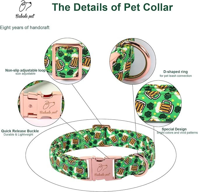 St. Patrick's Day Dog Collar, Beer & Clover Green Dog Collars, Adjustable Heavy Duty Irish Shamrock Pet Collar for Small Medium Large Dogs with Metal Buckle XL