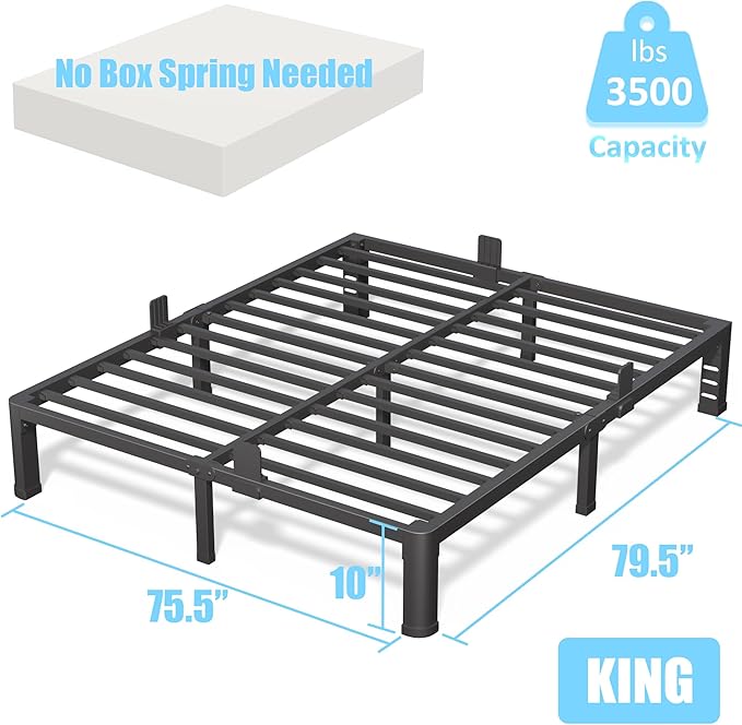FUIOBYVV 10 Inch King Bed Frame with Rounded Corner and Headboard Hole Mattress Retainers 3500 LBS Metal Heavy Duty Steel Slats Support No Box Spring Needed Platform Noise Free Easy Assembly