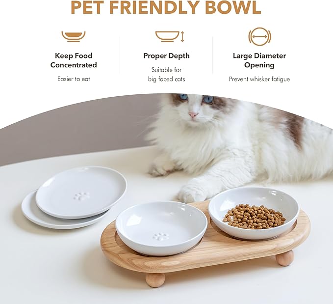 Raised Ceramic Wide Whisker Friendly Cat Dishes, Food& Water Bowl with 2 Style Stand Adjustable Raised Pet Bowl Set(2Dish+2Shallow Dish+Stand, White
