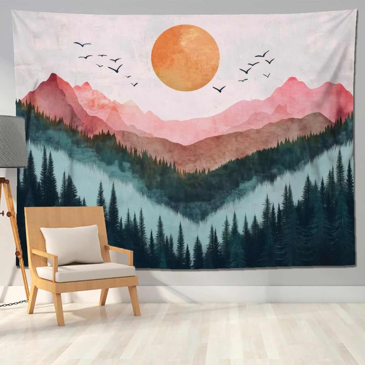 keowhsf Sunset Mountain Forest Tapestry - Large Nature Landscape Wall Hanging, Aesthetic Pine Tree Scenery Wall Art for Bedroom & Living Room Decor