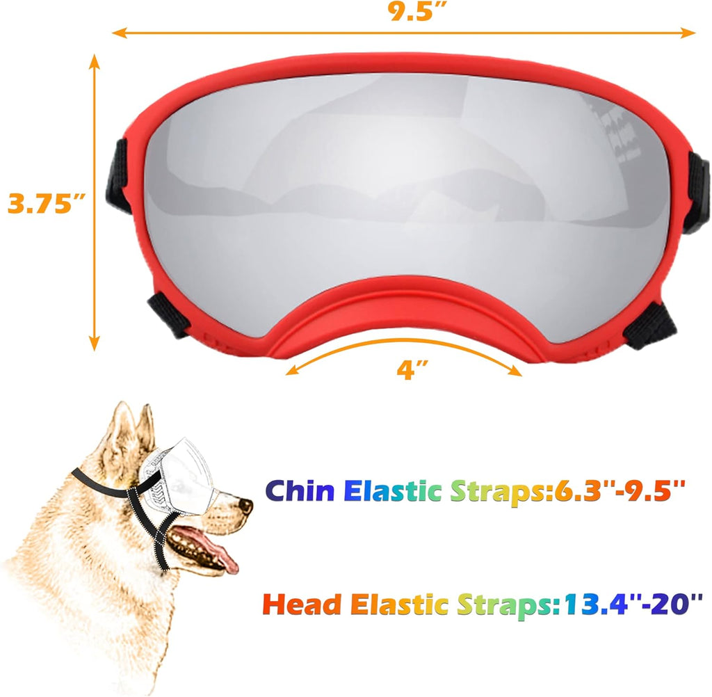 Large Dog Sunglasses with Adjustable Strap UV Protection, Winproof Puppy Sunglasses, Suitable for Medium-Large Pet Glasses, Dogs Eyes Soft Goggles, Red Silver