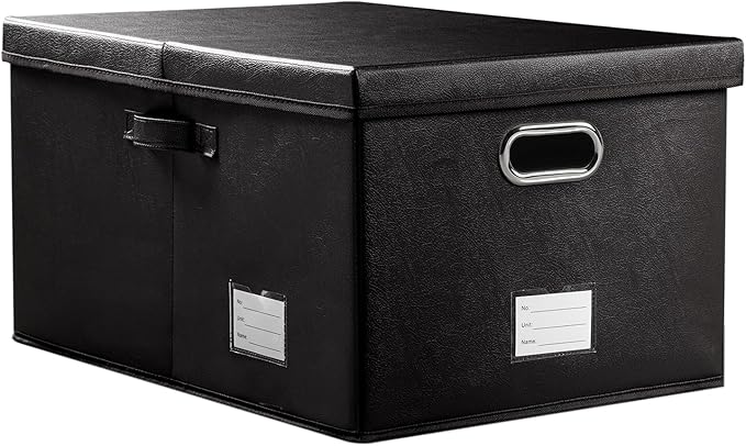 PRANDOM Collapsible Storage Box with Lid [1-Pack] Leather Fabric Foldable Storage Bin Organizer Container Basket Cube with Cover for Home Bedroom Closet Office Nursery Black (22.8X15.7X11.8)