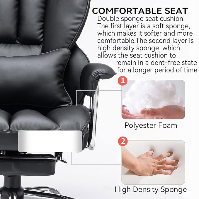Efomao Big and Tall Office Chair with Foot Rest 400LBS, PU Leather Computer Chair, Heavy Duty Executive Office Chair with Lumbar Support, Black Home Office Chairs