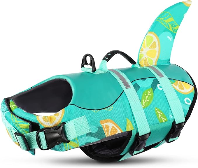 Dog Life Jacket,Dog Life Vest for Swimming,Dog Shark Life Jacket with Rescue Handle,Adjustable Reflective Dog Life Preserver for Large Dog,Green Print L