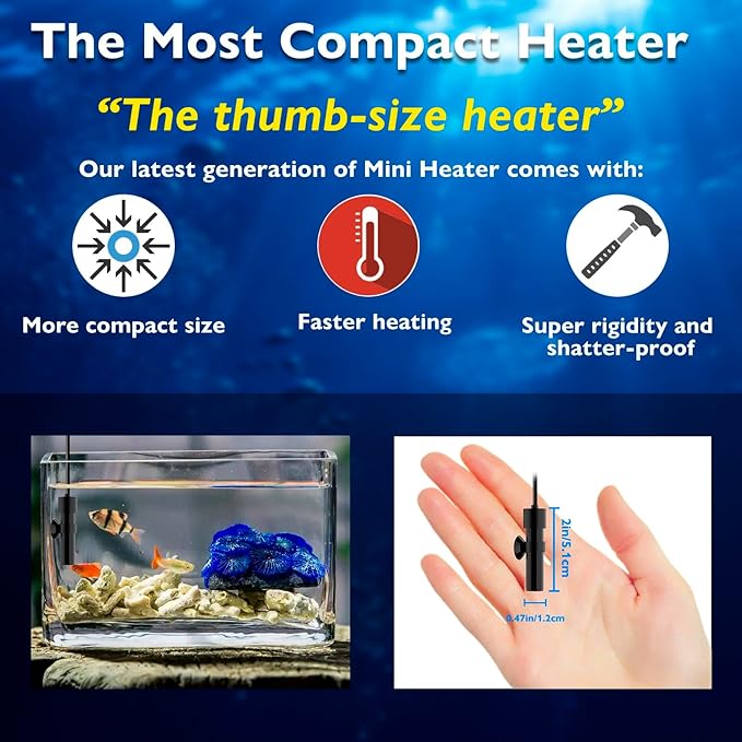 10W Mini Aquarium Heater 5V/2A USB Betta Heater for up to 1 Gallon Tanks, Alumina Ceramic Fish Tank Heater Turtle Heater with Dry-Run & Overheat Protection