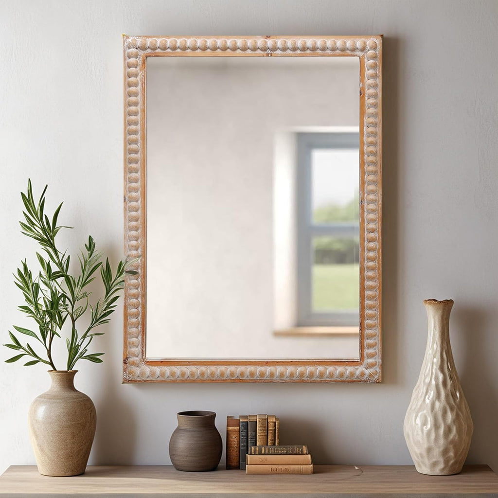 Farmhouse Bathroom Mirror 22x30 Inch - Rectangular Wall Mirrors with Wood Frame & Beaded Design - Distortion-Free Glass, Horizontal/Vertical Mount or Freestanding