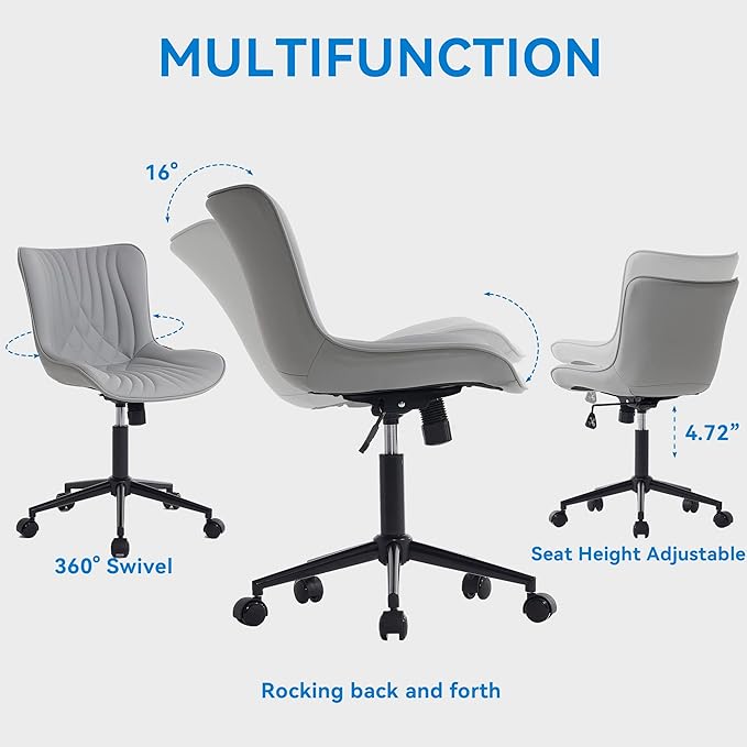 YOUNIKE Office Chair, Armless Desk Chair with Wheels, Adjustable Swivel Rolling Home Office Computer Task Chairs, Modern Faux Leather Upholstered Vanity Chair, Grey