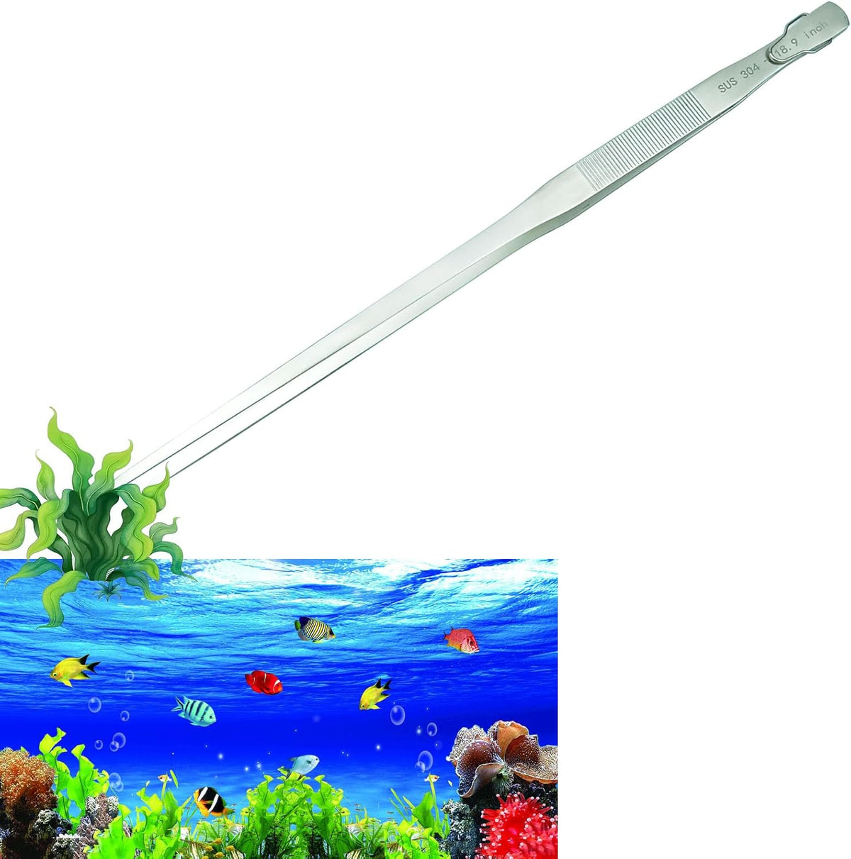 18.9 inch Aquarium Tweezers with Hanger, 2025 New Extra Long Feeding Tongs, Stainless Steel Large Aquascape Tools for Fish Tank, Terrarium, Aquascaping, Reptile Snake (Curved)