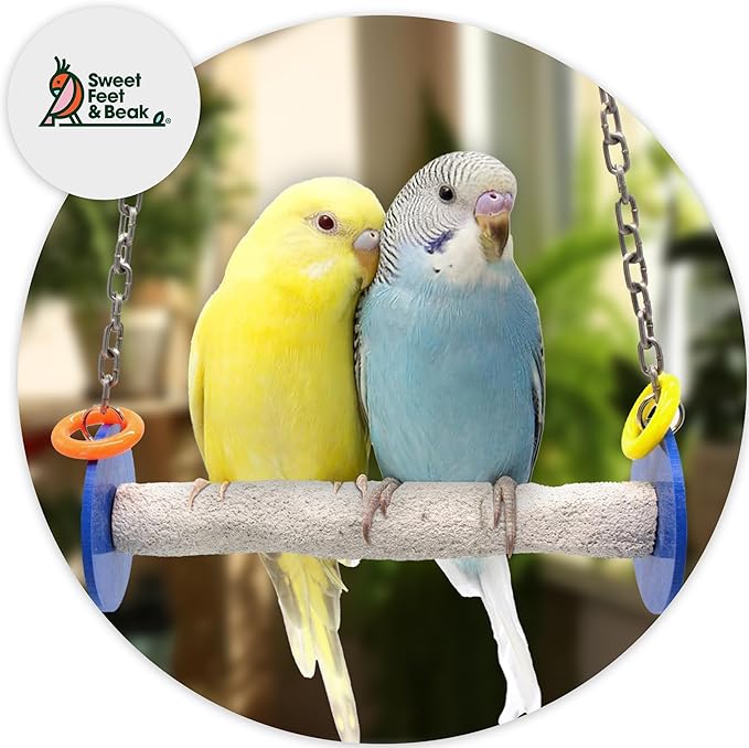 Sweet Feet and Beak Roll Bird Swing - Pumice Perch Bird Toys Trims Nails and Beaks, Safe Bird Cage Accessories for Small and Large Birds, Swinging Toys Birds Will Love, Small 7.5 Inches - Yellow