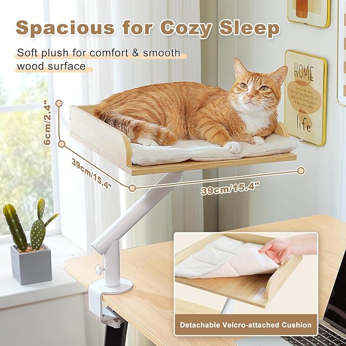 PAWZ Road Cat Desk Bed, Wooden Cat Bed for Desk Supports Up to 50 lbs, 360° Rotation & Adjustable, Nest Desktop Attachment Cats Hammock for Table, Beige