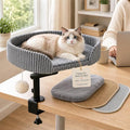 Cat Desk Bed with 3 Mats for All Seasons, 360° Rotating Adjustable | Clamp-On Desk Cat Bed with Reversible Plush Cushion, Sisal Scratch Mat, Cooling Mat & Hanging Ball, Supports 50 lbs, Grey