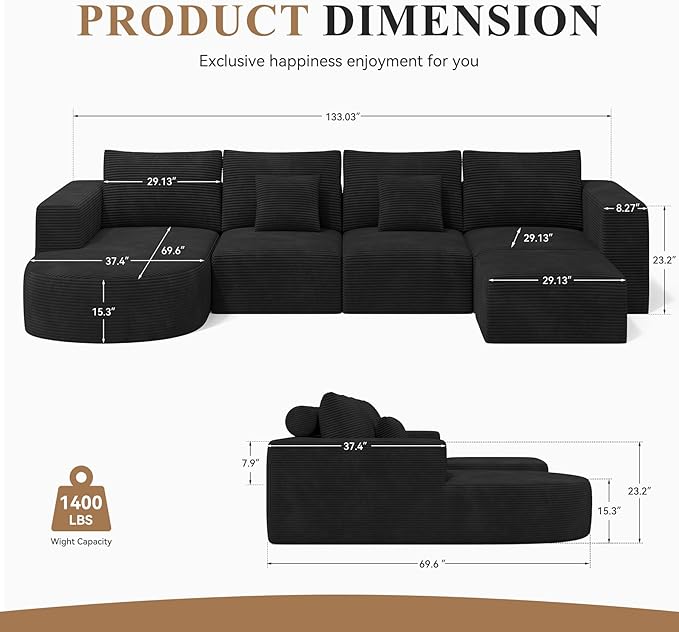 134" Boneless Couches for Living Room,Modular Sectional Sofa with Ottoman,Cloud Couch in a Box,Sponge Compression U Shaped Sofas with Chaise No Assembly Required,Black,1pcs