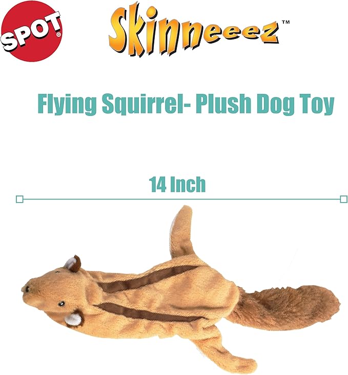 SPOT Skinneeez Flying Squirrel 14 Inch Stuffing-Free Plush Squeaky Dog Toy – Soft Tug-of-War Toy for Small and Medium Dogs – Mess-Free Interactive Chew Toy for Moderate Chewers