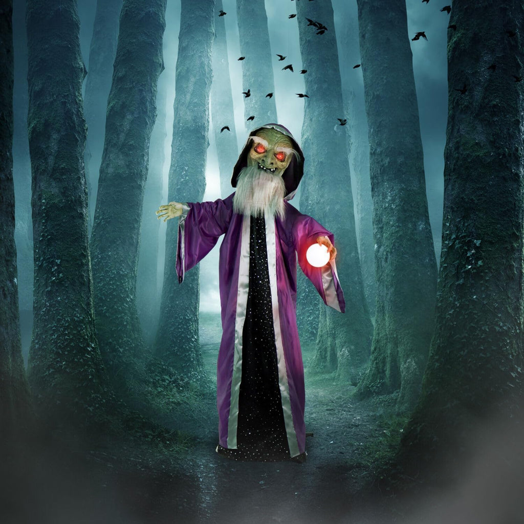 Haunted Hill Farm Talking Wizard Halloween Animatronic with Movement and Light-Up Crystal Ball for Scary Indoor or Covered Outdoor Halloween Decorations, Battery Operated Halloween Prop