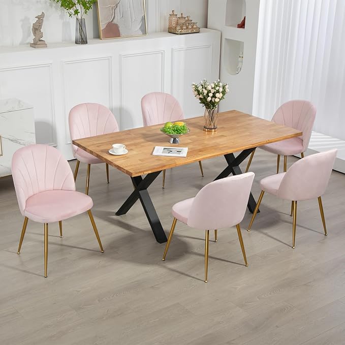 Velvet Dining Chairs Set of 4, Upholstered Mid Century Modern Dining Chairs, Armless Accent Chair with Metal Gold Legs for Living Room, Kitchen, Dining Room, Pink