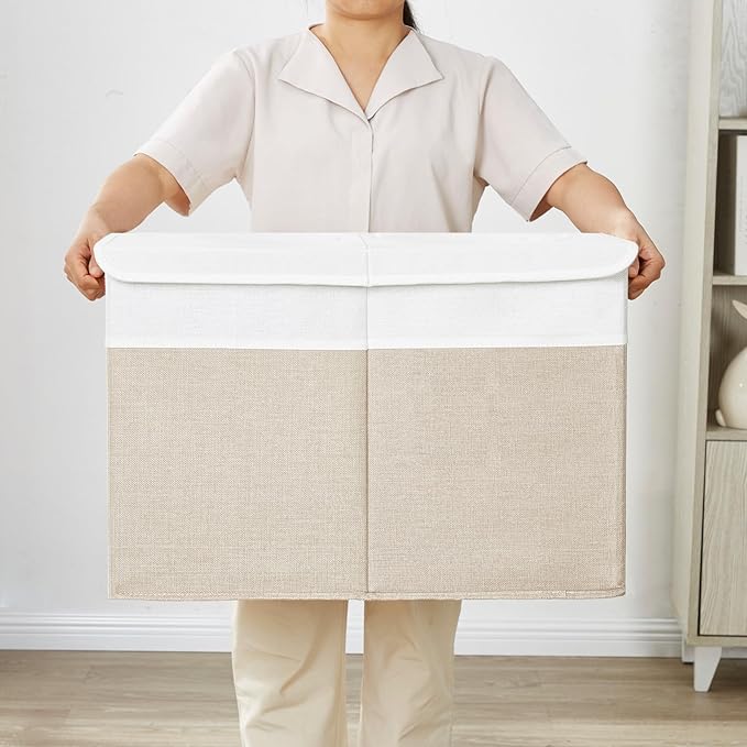 Large Toy Storage Box with Lids, Collapsible Sturdy Baby Storage Organizer Chest Bin Basket for Kids, Boys, Girls, Playroom, Nursery, Bedroom, Closet 25"x13"x16" (Beige and White)