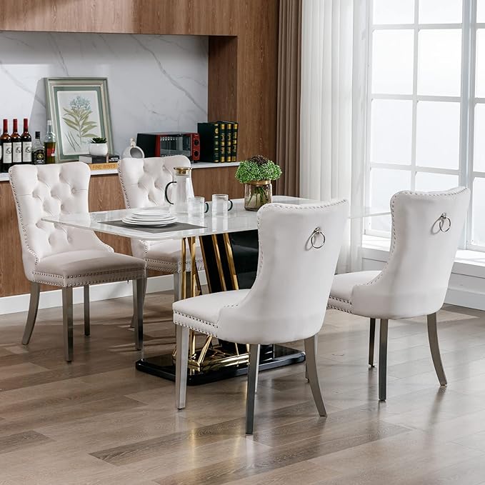 Luxury Upholstered Dining Chairs Set of 2, Beige Kitchen Chair with Silver Metal Legs, Velvet Tufted Back Dining Chair, Sillas de Comedor, Modern Kitchen & Dining Room Chairs (Beige, 2 Pcs)
