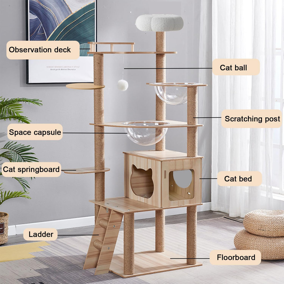 67-Inch Cat Tree for Indoor Cats Large Adult,Cat Tree Tower with Condo, Cat Stairs, 2 Bowl,14 Sisal Scratching Posts, Top Perch, with Padded Platform Bed,Toy Balls,Larg Large cat Tree.B12