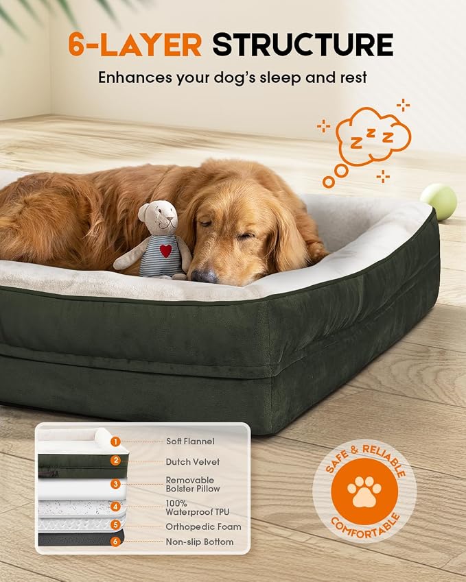 Upvilla Orthopedic Dog Bed, Four-Sided Medium Dog Sofa,Washable Cover Green | Removable Waterproof Dog Bed Cover, Egg-Crate Orthopedic Foam, Built-In Carry Handle, Indoor Small Pet Beds, Cat Beds