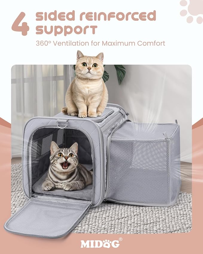 MIDOG Cat Carrier Soft for Small to Medium-Sized Cats,Up to 25 Lbs, TSA Airline Approved Soft Sided Pet Carrier,Collapsible Travel Cat Carry Bag(Grey)
