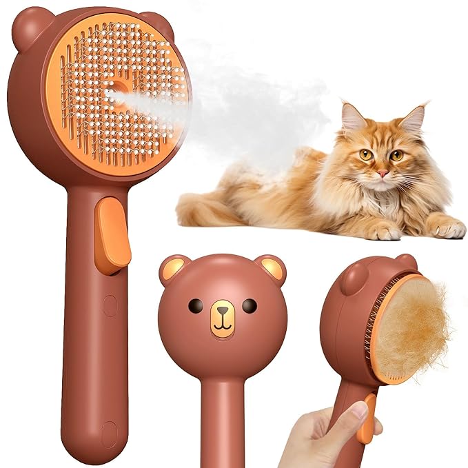 Cat Steam Brush with 2 Spray Levels & Release Button, 4-in-1 IPX7 Waterproof Water Brush for Shedding Grooming, Pet Hair Removal Comb for Long Short Haired Cats Dogs, Self Cleaning Slicker