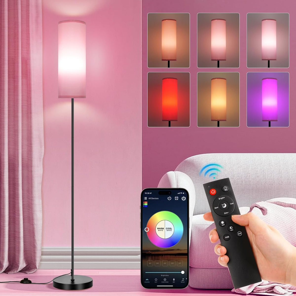 FRIDEKO HOME Pink Shade Floor Lamp with RGB Music Sync, 16 Million Colors & Stepless Dimming 2700K-6500K, 3CCT, 800LM LED Bulb with App & Remote, Modern Standing Light for Living Room, Bedroom, Office