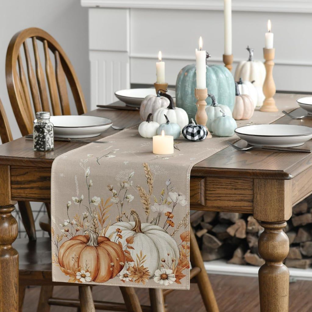 Artoid Mode Pumpkins Leaves Flowers 210 GSM Fall Table Runner, Seasonal Autumn Kitchen Dining Table Decoration for Home Party Decor 13x72 Inch