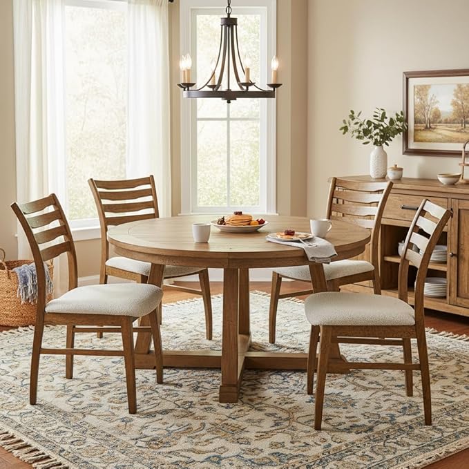 DUOMAY Farmhouse Dining Chairs Set of 6, Fur Beige Upholstered Side Chairs Solid Wood Ladder Back Kitchen Chairs for Home Dining Room, Browm Frame