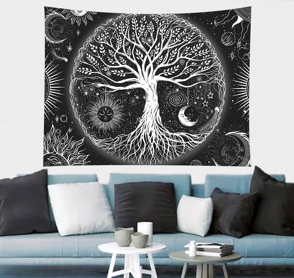 FORATER Tree of Life Tapestry Wall Hanging, Sun and Moon Aesthetic Wall Tapestry Black and White Tapestries Home Decor for Living Room Bedroom(53 x 61 Inch, Black and White)
