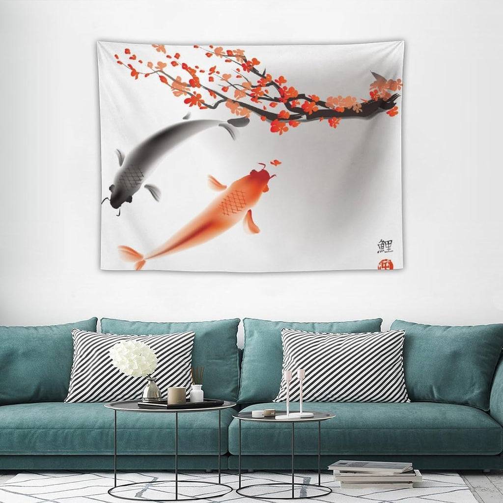 Japanese Koi Fish Tapestry, Cherry Blossoms Asian Oriental Flower Branch Koi Fish Carp Tapestries Wall Hanging for Bedroom Living Room Office Decor 40"x30"