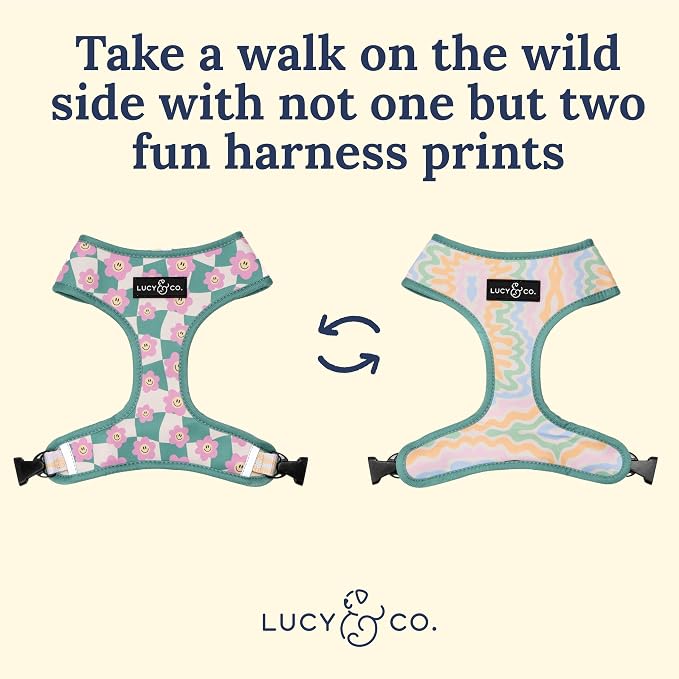 Lucy & Co. Reversible Dog Harness - Water-Repellent Neoprene, Dual-Print Design, Easy Swap Style, Adjustable Comfort Fit - Just Chill Reversible Harness - Large