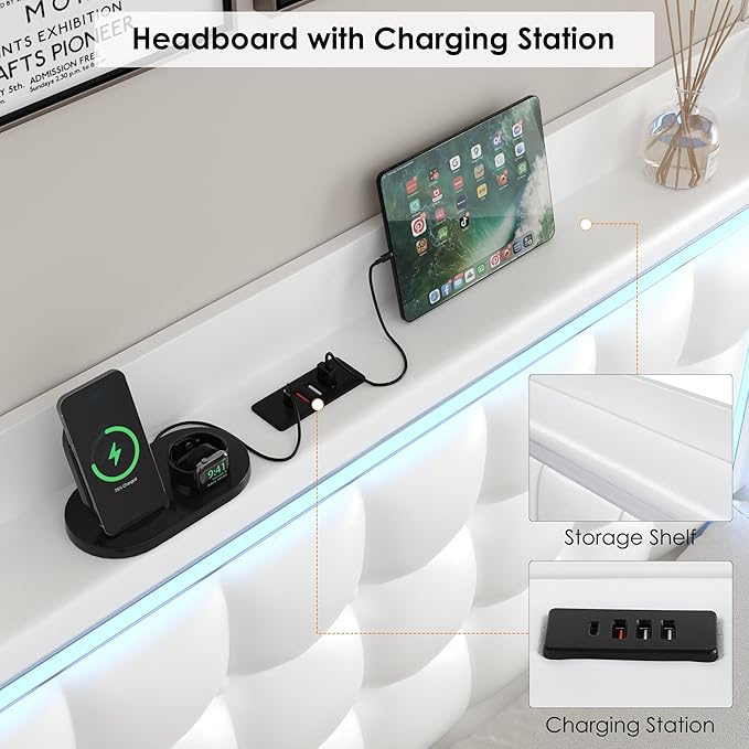 Keyluv Upholstered Full Floating Bed Frame with LED Lights and Charging Station, Pu Leather Platform Bed with Button Tufted Storage Headboard, Type-C & USB Charging Ports, No Box Spring Needed, White