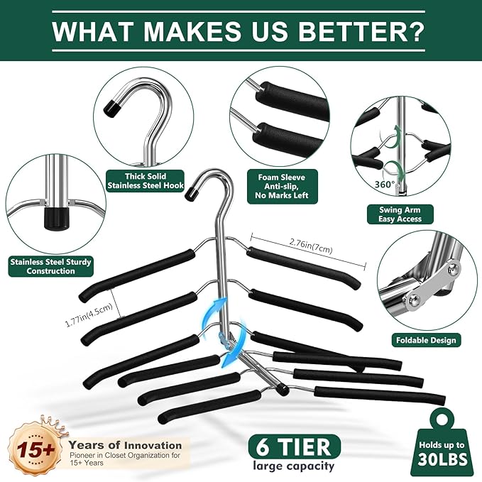 DOIOWN Clothes Hangers Space Saving: 6 Tier Coat Hanger Space Saving Hangers Non Slip Foam Padded Hanger, 3 Pack Black Metal Sweater T Shirt Hangers for Men Women, Closet Organizers and Storage