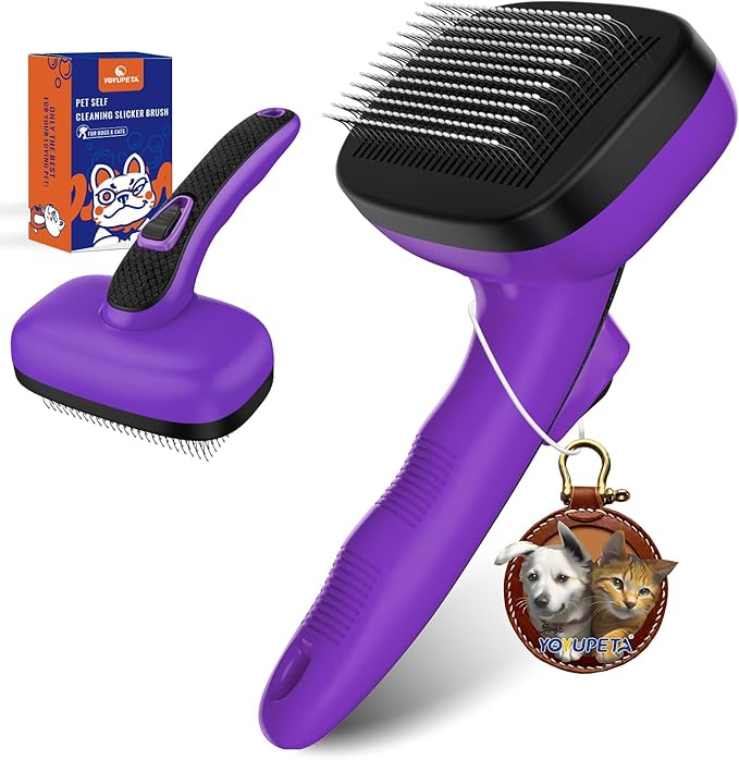 Dog Self Cleaning Slicker Brush for Shedding, Ideal for Short Long Haired Dogs, Including Cat. Removes Loose Fur, Undercoat, Mats, Tangled Hair. Suit for Large Medium Small Animal, Purple