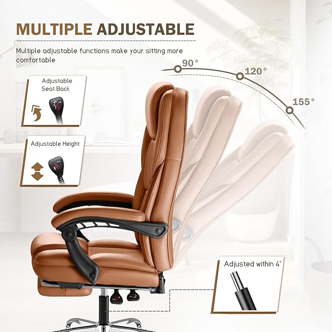 Furmax Executive Office Chair with Foot Rest Big and Tall Office Chair Ergonomic Home Office Desk Chairs Reclining High Back Leather Chair with Lumbar Support, 400LBS (Brown)