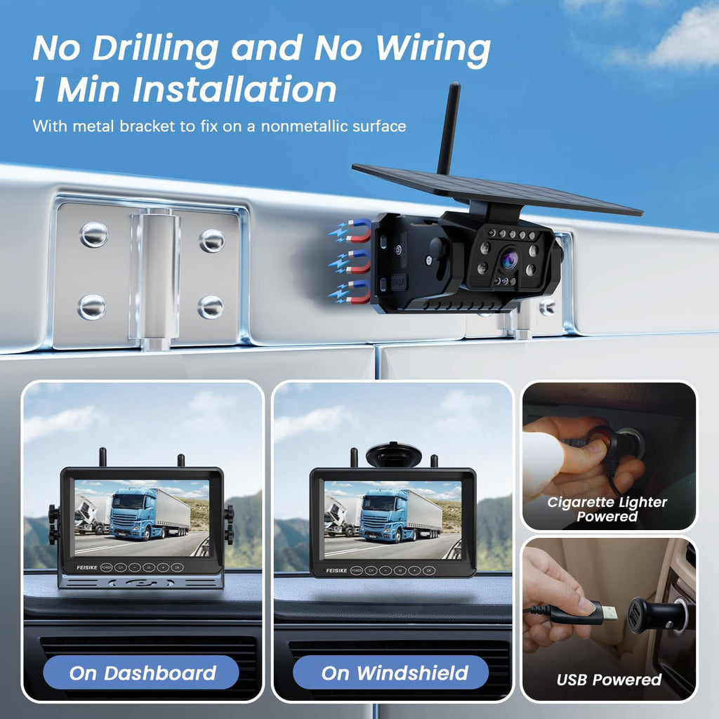 Magnetic Solar Wireless Backup Camera for RV Truck Trailer ??7" 1080P Monitor with Recording, 1-Min Install, No Delay, Wide View, IR Night Vision, 4 Channels, Auto-Sleep Rechargeable Rearview Camera